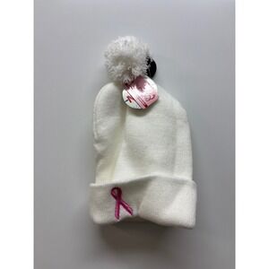 Breast Cancer Awareness Pink Ribbon White Knit Pom Pom Beanie Hat NWT
